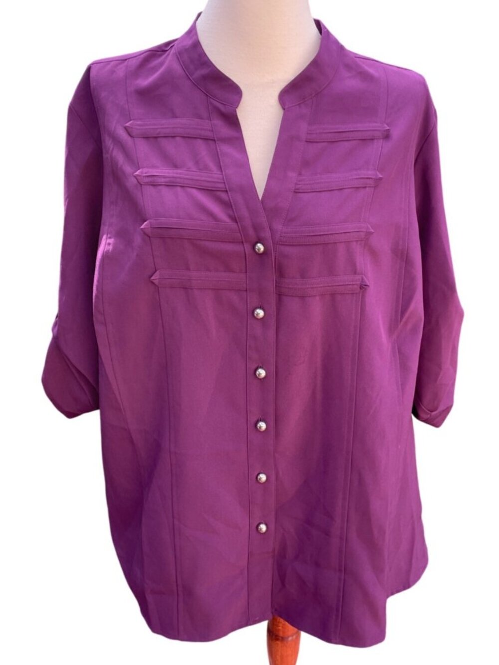 Purple Button-Up Blouse Mandarin Collar Size 18/20W Plus Roll Up Sleeve Womens
